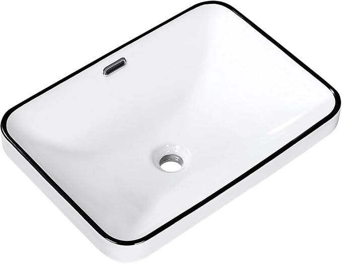 Bathroom Vessel Sink 20.6'' x 14.7'' Semi Recessed Bathroom Sink Rectangular Drop-in Vanity Sink with Overflow White with Black Rim Ceramic Modern Art Basin