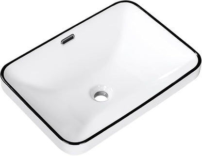 Bathroom Vessel Sink 20.6'' x 14.7'' Semi Recessed Bathroom Sink Rectangular Drop-in Vanity Sink with Overflow White with Black Rim Ceramic Modern Art Basin