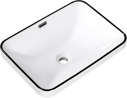 Bathroom Vessel Sink 20.6'' x 14.7'' Semi Recessed Bathroom Sink Rectangular Drop-in Vanity Sink with Overflow White with Black Rim Ceramic Modern Art Basin