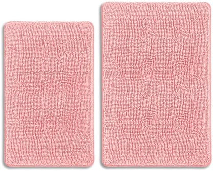 Pink Bathroom Rugs Sets 2 Piece – Absorbent and Washable Bath Mat, Non-Slip, Thick Soft Chenille Bath Rugs for Bathroom Floor, Shower, Sink - 20" x 32"+24" x 36"