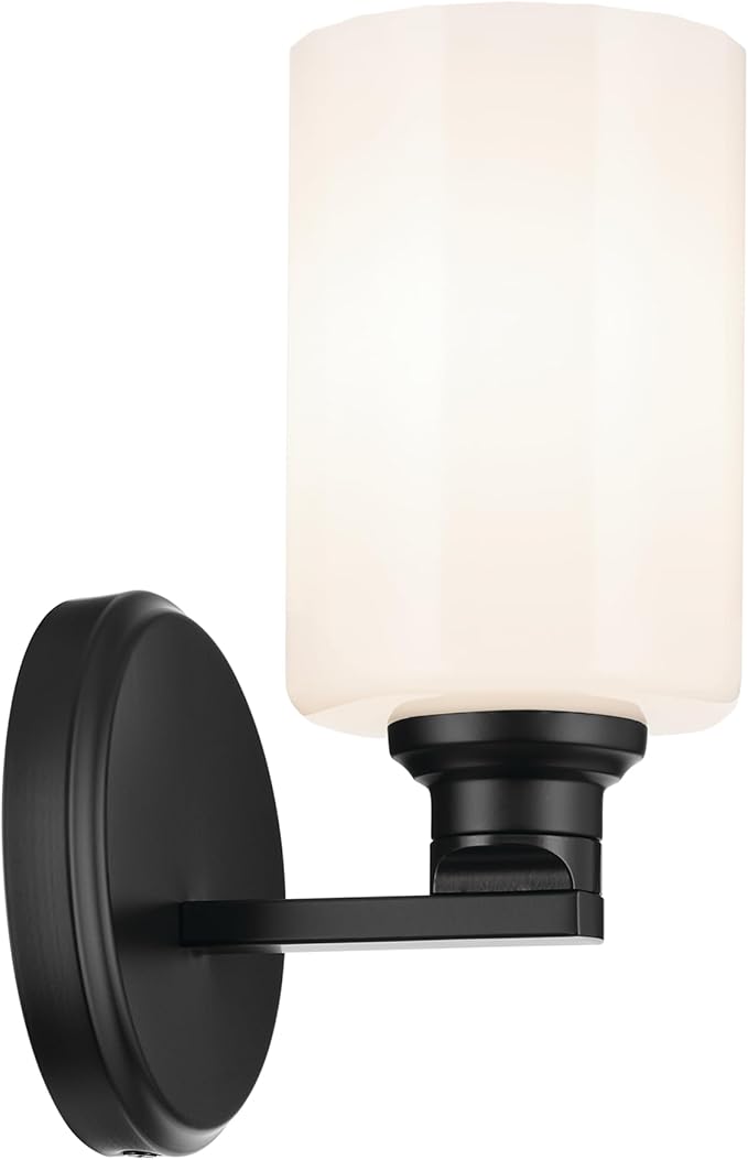 Kichler Gioe 5" 1-Light Wall Sconce with Opal Glass in Black, Damp Rated, for Powder Room, Bathroom, Kitchen, Hallway, Bedroom, Fireplace, (5" W x 9.5" H), 55224BK