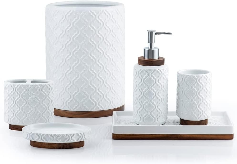 RQYIXI Ceramic Bathroom Accessories Set,Cream White,6 Piece,Embossed Design