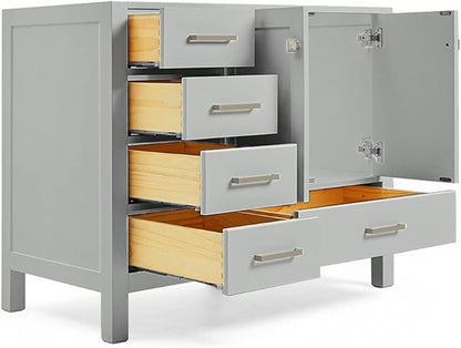 ARIEL Cambridge 42-inch Bathroom Vanity Base Cabinet,Solid Wood, 2 Soft Closing Doors, 5 Dovetail Drawers, Grey