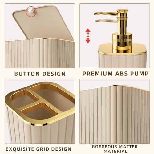XLHOMO Bathroom Accessory Set - 26PC Bathroom Shower Curtain and Rug Set, Bathroom Accessories Set, Beige Bathroom Set with Trash Can, Toilet Brush, Qtip Holder & Soap Dispenser