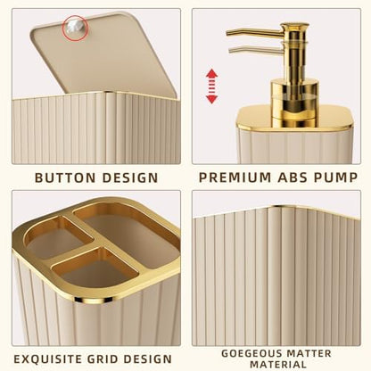 XLHOMO Bathroom Accessory Set - 26PC Bathroom Shower Curtain and Rug Set, Bathroom Accessories Set, Beige Bathroom Set with Trash Can, Toilet Brush, Qtip Holder & Soap Dispenser