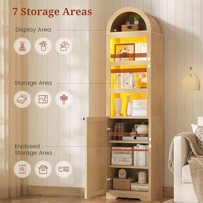 UPOSOJA 72" Tall Arched Narrow Bathroom Storage Cabinet with Lights, Slim Storage Cabinet with Adjustable Shelves for Small Spaces, Farmhouse Style (Oak)