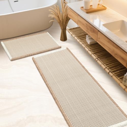 IM HOME Waffle Bath Mat Set 2 Piece Brown & Cream,Woven Modern Bath Rug Mats, Absorbent Non Slip Bath Floor Mat, Soft Washable Boho Bath Rugs with Tassels for Bathroom, Bedroom, Kitchen, Tub