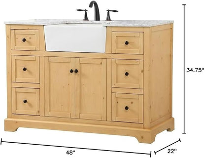 48" Pre-Assembled Bathroom Vanity with Sink, Solid Birch and MDF, Carrara White Marble Countertop Attached, Single Rectangle Porcelain Sink, 6 Soft-Close Drawers, Natural Wood