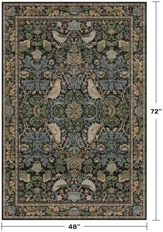 Washable 4x6 Area Rug for Living Room - Soft Moody Rug for Kitchen, Office, Large Entryway, Rustic Botanical Decor, Non-Slip Low Pile Dark Green and Brown Ultra Soft Bird Carpet