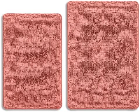 Coral Bathroom Rugs Sets 2 Piece – Absorbent and Washable Bath Mat, Non-Slip, Thick Soft Chenille Bath Rugs for Bathroom, Shower, Sink - 20" x 32"+24" x 36"
