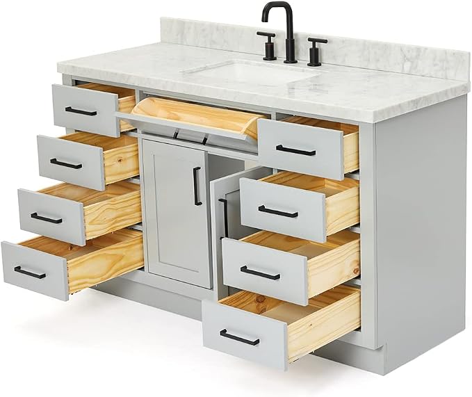 DKB Isabella 54" Grey Single Bathroom Vanity with Sink, 1.5" Italian Carrara Marble Countertop, Rectangular Undermount Sink, 2 Soft Closing Doors, 9 Dovetail Drawers