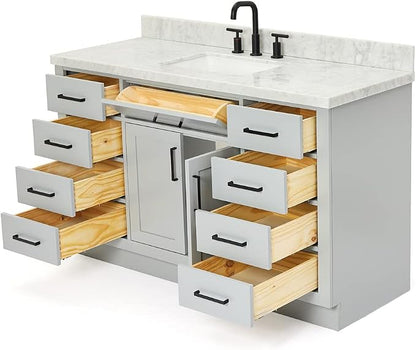 DKB Isabella 54" Grey Single Bathroom Vanity with Sink, 1.5" Italian Carrara Marble Countertop, Rectangular Undermount Sink, 2 Soft Closing Doors, 9 Dovetail Drawers