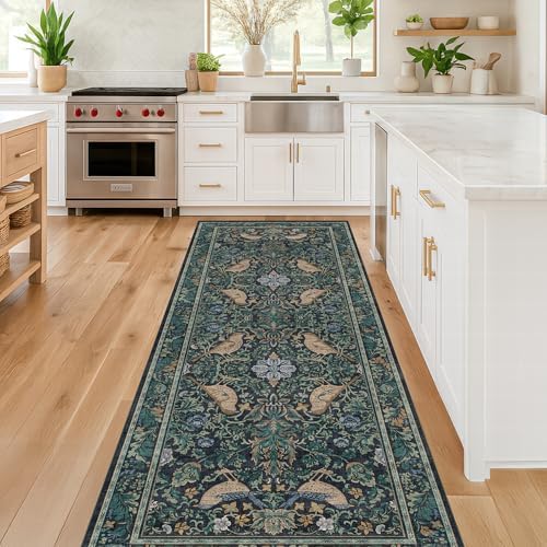 Hazo Haus Blue Boho 2'6"x10' Long Hallway Runner Rug - Vintage Floral Botanical Bird Runner Rug for Kitchen Floor, Laundry Room, Bedroom, Entrance, Washable Non Slip Low Pile