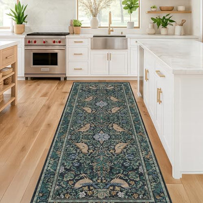 Hazo Haus Boho Vintage 2'6"x8' 8ft Hallyway Long Runner Rug - Non Slip Washable Front Door Rug Indoor Entrance, Kitchen, Bathroom, Low Pile & Soft Woodland Floral Kitchen Floor Mats