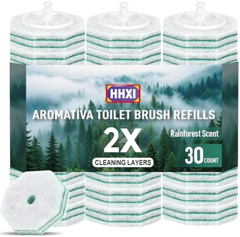 30Ct Aromative Toilet Brush Refills, Double-Layer Cleaning Pads Added, Compatible with Most Toilet Brushes，Rainforest Scent（Patented）