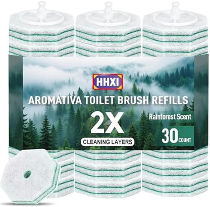 30Ct Aromative Toilet Brush Refills, Double-Layer Cleaning Pads Added, Compatible with Most Toilet Brushes，Rainforest Scent（Patented）