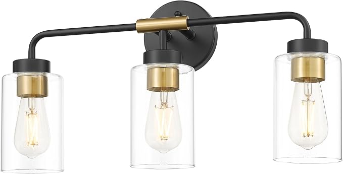 zeyu 3-Light Farmhouse Vanity Lights for Bathroom, 21 Inch Industrial Bath Wall Light Fixtures with Clear Glass Shade, Black and Gold Finish, ZS62B-3W BK+BG