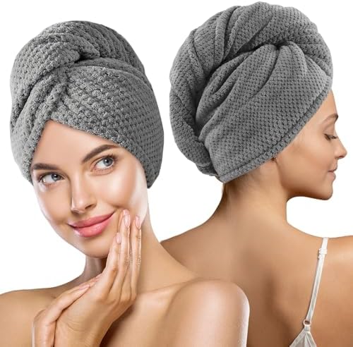MaopaoBeauty 2 Pack Hair Drying Towels, Hair Towel Wrap, Absorbent Microfiber Hair Towel Turban with Button Design to Dry Hair More Quicker, Grey