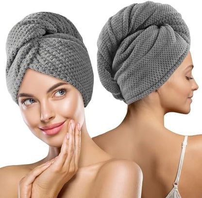 MaopaoBeauty 2 Pack Hair Drying Towels, Hair Towel Wrap, Absorbent Microfiber Hair Towel Turban with Button Design to Dry Hair More Quicker, Grey