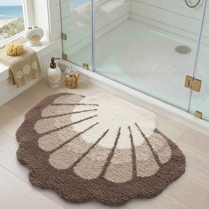 DEXI Cute Seashell Bath Mat, Coastal Scallop Bathroom Rug, 38x30 Beige