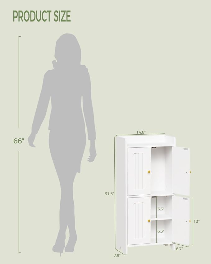 BEWISHOME Small Floor Cabinet,Toilet Paper Storage,Bathroom Storage Cabinet | with 4 Doors and Shelves, Bathroom Organizers and Storage for Small Spaces, White 7.9" D x 14.6" W x 31" H YYG11W