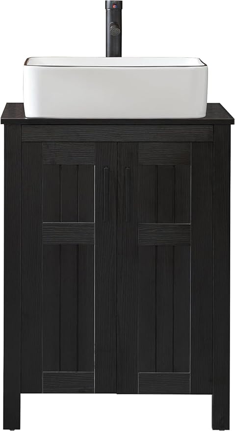 UEV Black 24" Bathroom Vanity with Sink Combo,Modern Freestanding Sink Cabinet,Stylish Bathroom Vanity Cabinet,Grooved Double Doors,Metal Handles,Modern Artistic Ceramic Vessel Sink Combo(031WH-NEW)