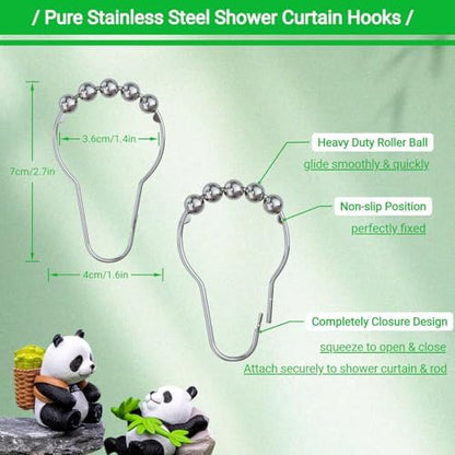 12Pcs Bamboo Panda Shower Curtain Hooks Decorative for Curtain Rods, Cute Animals Shower Curtain Rings, Silver Stainless Steel Metal Shower Curtain Hanger Hooks, Green Kids Bathroom Decor Accessories