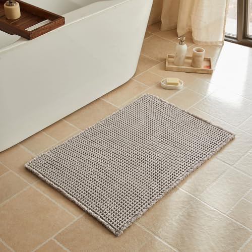 Triohero Waffle Bath Mat, Boho Bathroom Rugs Non Slip, 24x36 Light Grey