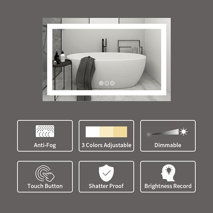 LED Bathroom Mirror 40"X32" with Front Light and Backlit | Stepless Dimmable, Anti-Fog, Shatter-Proof, HD Reflection, Memory, 3 Colors Lighting, UL Listed (Horizontal/Vertical)