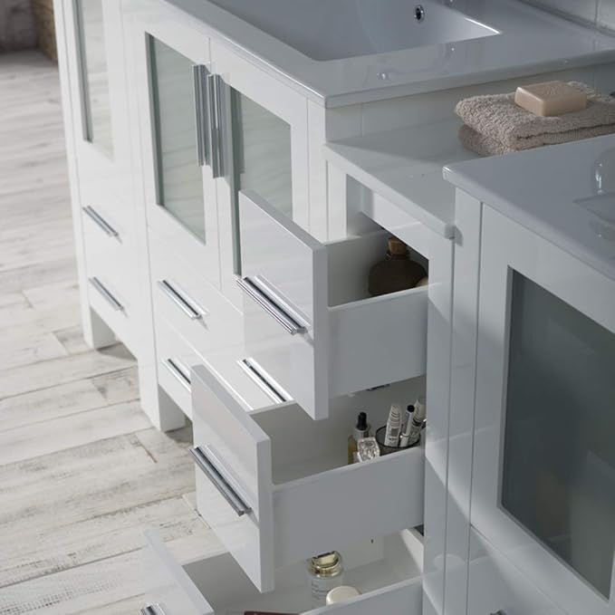 Blossom 102 Inch Bathroom Vanity with Linen Tower, Glossy White | Solid Wood, Extra Wide Double Sink, Modern European Design, Moisture Resistant Painted Finish, Includes 2 Mirror Cabinets