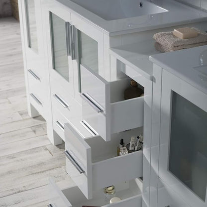 Blossom 102 Inch Bathroom Vanity with Linen Tower, Glossy White | Solid Wood, Extra Wide Double Sink, Modern European Design, Moisture Resistant Painted Finish, Includes 2 Mirror Cabinets