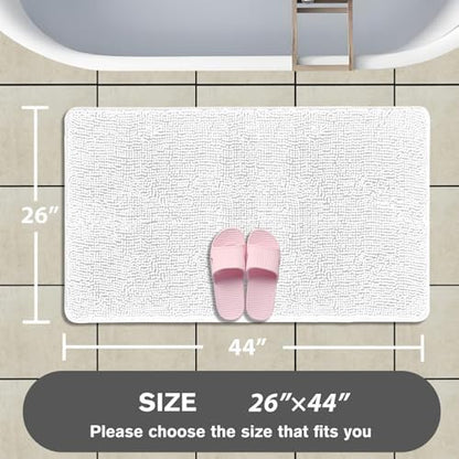 White Bathroom Rugs – Absorbent and Washable Bath Mat, Non-Slip, Thick Soft Chenille Bath Rugs for Bathroom Floor, Shower, Sink - 26" x 44"