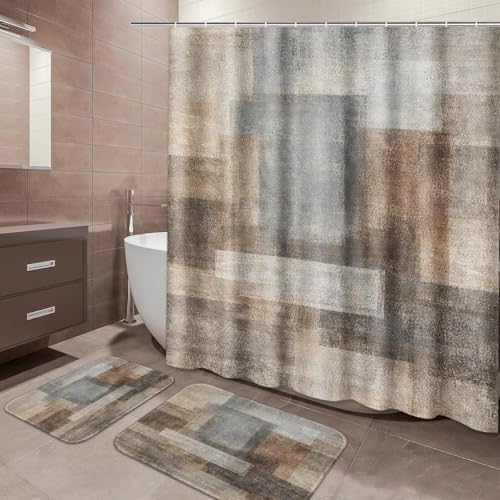 ArtSocket Bathroom Set, Shower Curtain and Bath Rugs Brown Beige Grey