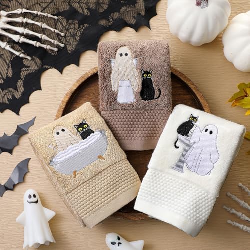 FuWeave 3 Pcs Brown Halloween Ghost Cat Hand Towels for Bathroom
