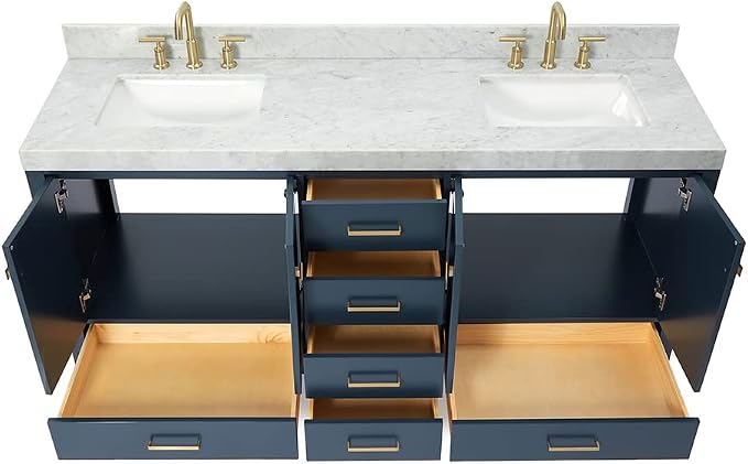 ARIEL Cambridge 72-inch Bathroom Vanity with Sink,Solid Wood, 2-inch Italian Carrara Marble Countertop, Double Rectangular Porcelain Sink, 4 Soft Closing Doors, 6 Dovetail Drawers, Midnight Blue