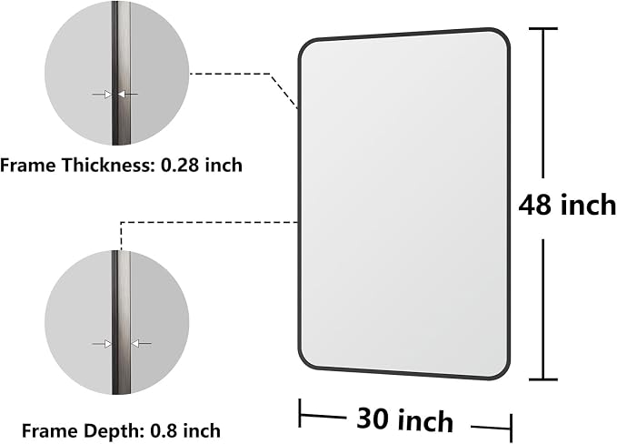 Koonmi Bathroom Mirror, 30X48 Brushed Black Metal Framed Wall-Mounted Mirror for Over Sink, HD Tempered Glass, Anti-Rust, Rounded Rectangle Mirror for Restroom, Bedroom, Hangs Horizontal or Vertical