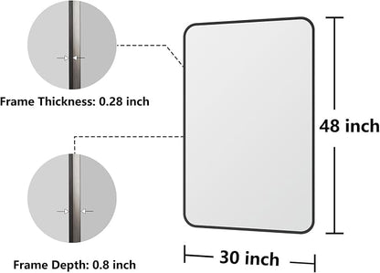 Koonmi Bathroom Mirror, 30X48 Brushed Black Metal Framed Wall-Mounted Mirror for Over Sink, HD Tempered Glass, Anti-Rust, Rounded Rectangle Mirror for Restroom, Bedroom, Hangs Horizontal or Vertical