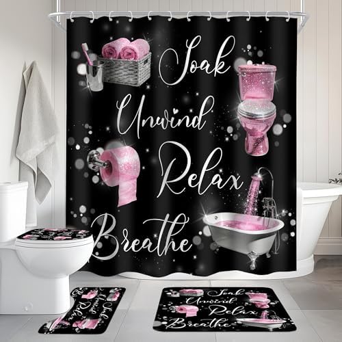 Pink Black Girls Girly Quotes 4Pcs Bathroom Shower Curtain Set with Rugs