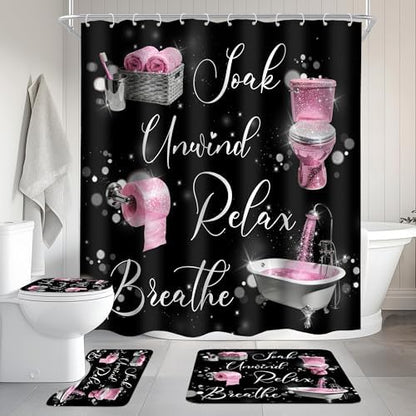 Pink Black Girls Girly Quotes 4Pcs Bathroom Shower Curtain Set with Rugs