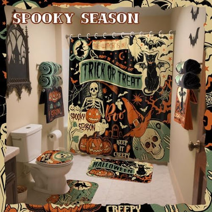 FuWeave 8 Pcs Halloween Shower Curtain Set for Bathroom Include Vintage Ghost Pumpkin Bat Cat Towels Non Slip Skull Rugs Toilet Lid Cover Spider Web Bath Mat and 12 Hooks for Halloween Bathroom Decor