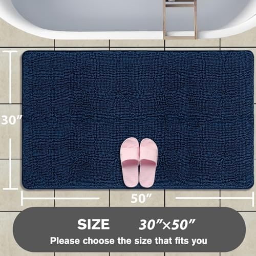 Bathroom Rugs 30 x 50 Inch – Extra Large Bath Mat | Absorbent and Washable Thick Chenille Bath Rugs Non-Slip Runner Rug for Bathroom, Shower, Tub(Navy Blue)