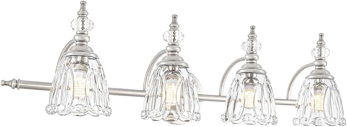 4 Light Brushed Nickel Bathroom Light Fixture, Antique Vanity Light with Flower Glass Shade, Bathroom Vanity Light Over Mirror, Farmhouse Sconces Wall Lighting for Hallway Livingroom Bedroom