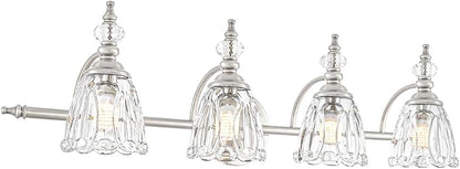 4 Light Brushed Nickel Bathroom Light Fixture, Antique Vanity Light with Flower Glass Shade, Bathroom Vanity Light Over Mirror, Farmhouse Sconces Wall Lighting for Hallway Livingroom Bedroom
