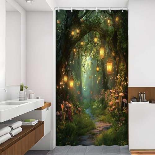 Fantasy Forest Path Shower Curtain Fairy Magical Enchanted Misty Jungle Mushroom Floral Tree Butterfly Lantern Wonderland Plant Bath Curtain Fabric Bathroom Accessories Decor with Hooks 47W x70L