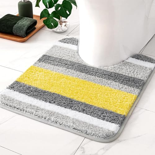 MIULEE Yellow Grey Bathroom Toilet Rugs U-Shaped, Soft Thick Microfiber Striped Contour Rugs, Non Slip Absorbent Fluffy Plush Machine Washble Quick Dry, 24x24 Inch