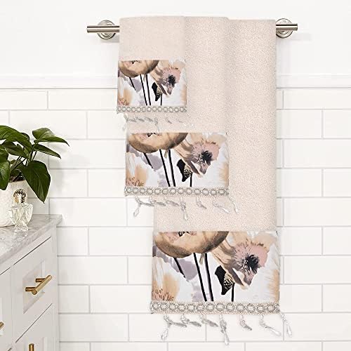 Zahari Home Poppy Fields Modern Bathroom Towel Set - 3 Piece Contemporary Decor Ensemble in Beige