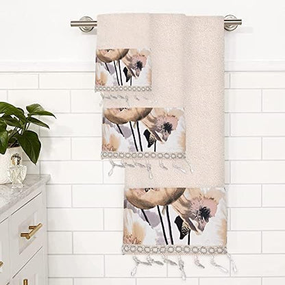 Zahari Home Poppy Fields Modern Bathroom Towel Set - 3 Piece Contemporary Decor Ensemble in Beige