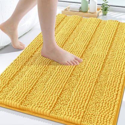 Grandaily Chenille Striped Bathroom Rugs 30x20, Extra Thick and Soft Absorbent Bath Mats, Rubber Backing, Plush Shaggy Shower Carpet, Machine Wash Dry, Bath Rug for Bathroom, Light Yellow