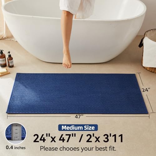 Triohero Bathroom Rugs Non Slip Washable, Super Absorbent Thin Bath Mat Quick Dry Low Pile Bathroom Rug, Navy Blue 24"x47"