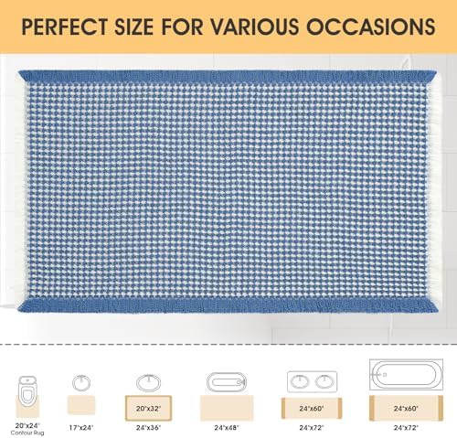 IM HOME Waffle Bath Mat Blue & Cream 36"x24", Boho Woven Modern Bath Mat Rugs, Absorbent Non Slip Bathroom Rugs, Soft Washable Bath Rugs with Tassels for Bathroom, Bedroom, Kitchen, Shower, Tub